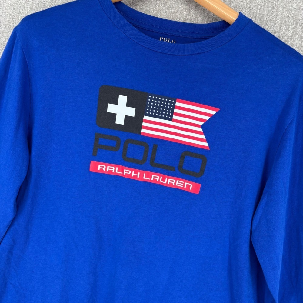 Polo Ralph Lauren Flag Graphic Long Sleeve T-Shirt Mens XL Blue Cotton Crew Neck